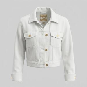 • Michael Kors White Crop Denim Jacket XL Classic Jean Jacket Golden Logo Button